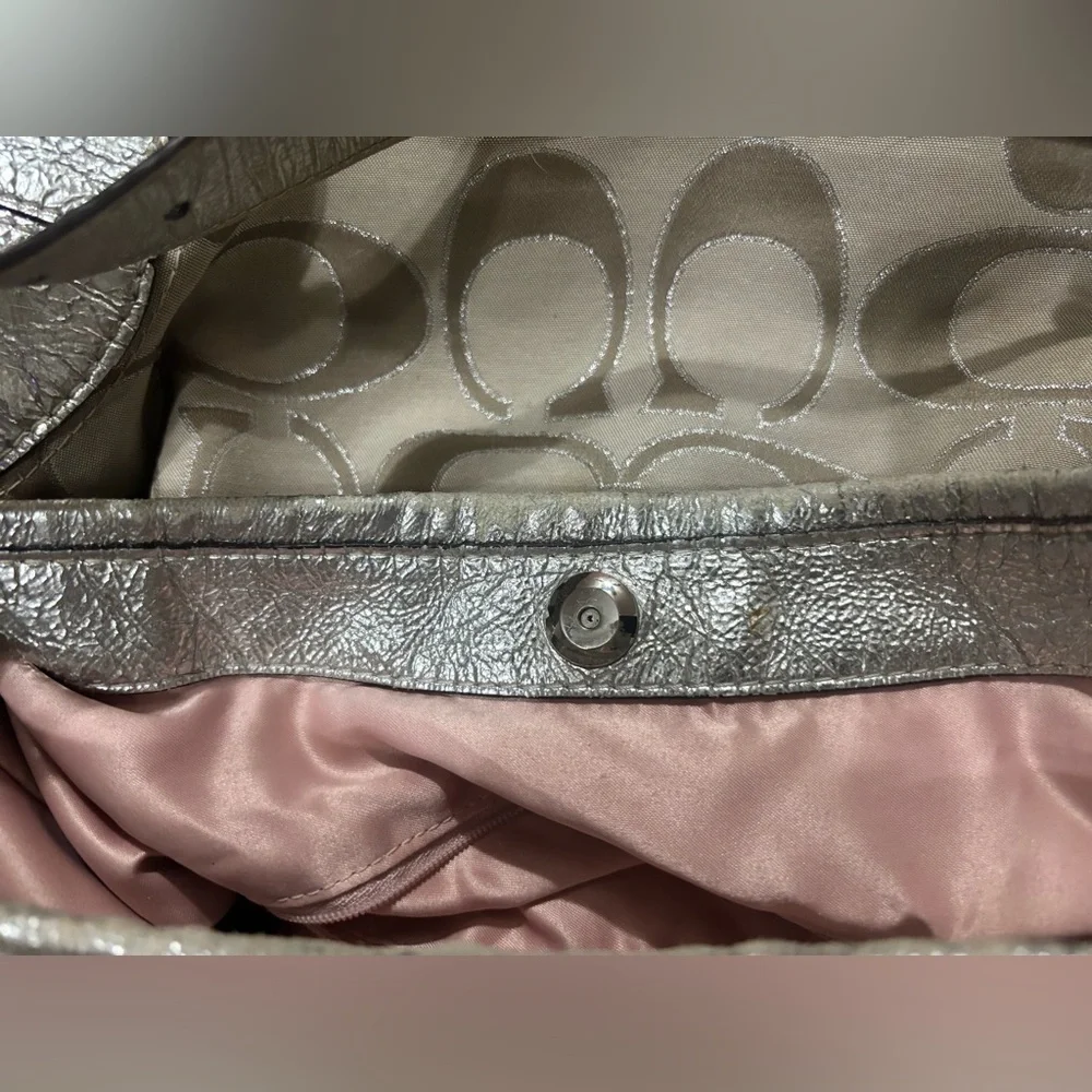 Coach Signature Metallic Silver Hobo Shoulder Bag Purse B1225-15731 Pink Lining - Picture 14 of 14